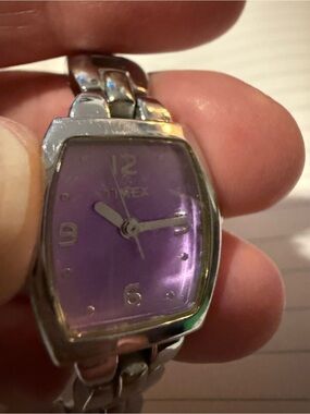 Timex Silver-Tone Linked Watch with Purple Dial